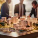 Komplexes maßstabsgetreues Modell auf dem Tisch, Immobilienentwickler, Architekten und Geschäftsleute arbeiten im Büro an einem neuen Geschäftsgebäudeprojekt.
