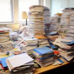 Vollgestapelter Arbeitstisch mit Dokumenten, Entrümpelung Neuss