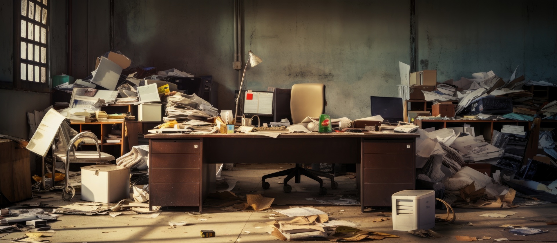 Verlassenes Büro mit Papierchaos, Entrümpelung Neuss