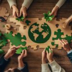 Team fügt Weltkarten-Puzzle mit Pflanzen zusammen | green Jobs