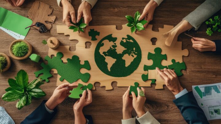Team fügt Weltkarten-Puzzle mit Pflanzen zusammen | green Jobs